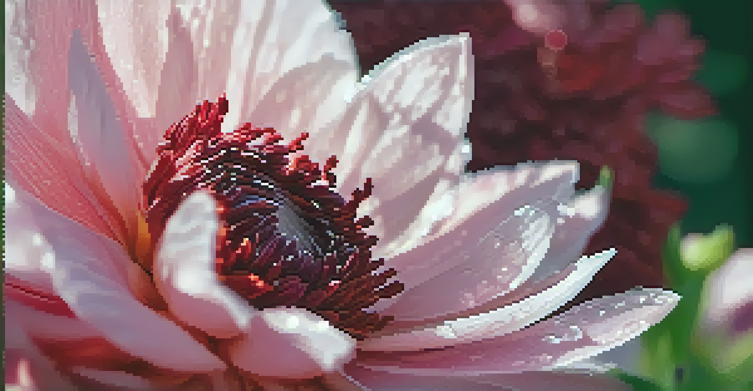 A close-up of a blooming flower with vibrant red and pink petals, illuminated by soft sunlight with dew drops.