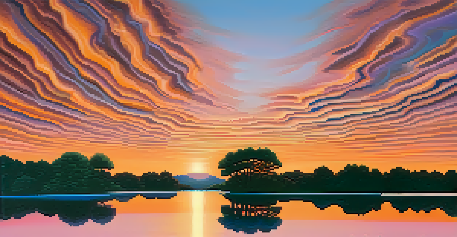 An abstract view of distorted reflections in a lake at sunset, with vibrant colors and rippling water.