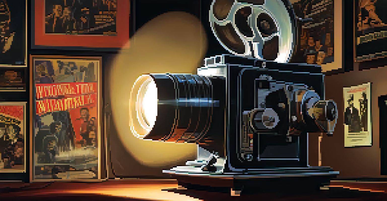 An old film projector casting light on a wall, surrounded by vintage horror movie posters, creating a nostalgic atmosphere.