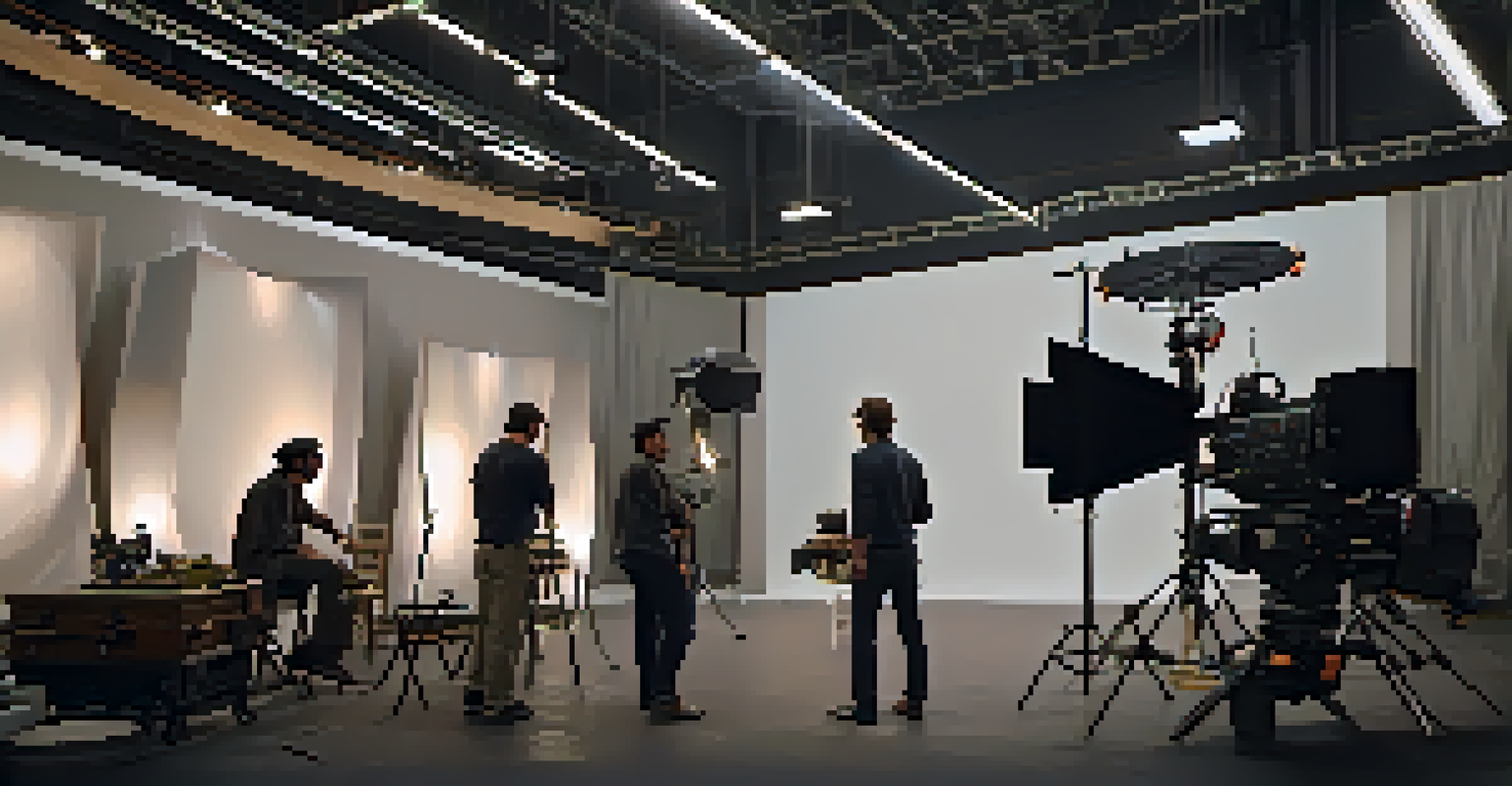 A behind-the-scenes view of a movie set with crew members setting up a scene, showcasing detailed props and lighting equipment.