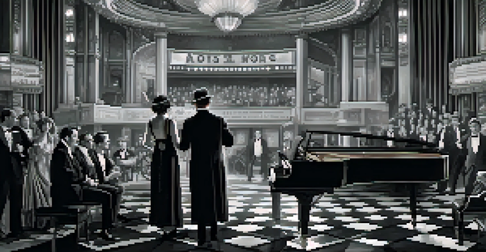 A vintage black and white scene of a 1920s silent film set with actors in period costumes, a cinema backdrop, and a live piano player.