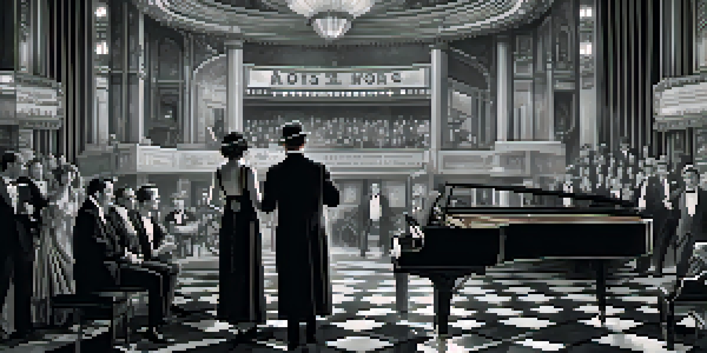 A vintage black and white scene of a 1920s silent film set with actors in period costumes, a cinema backdrop, and a live piano player.