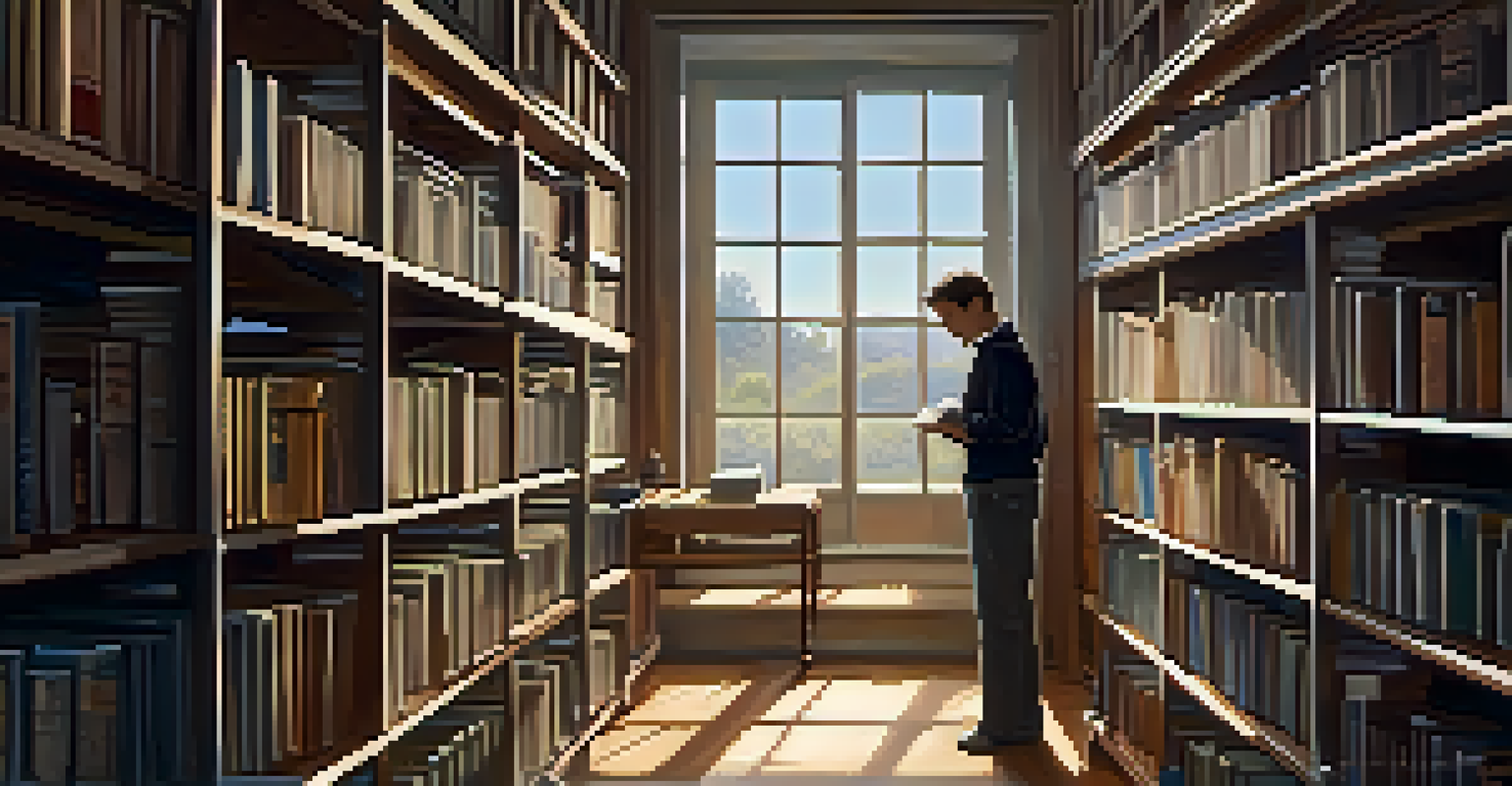 A film critic in a library, looking at a book on film theory with shelves of books around them.