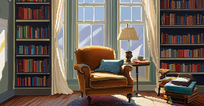 A warm reading corner with an armchair, books, and sunlight streaming through a window.