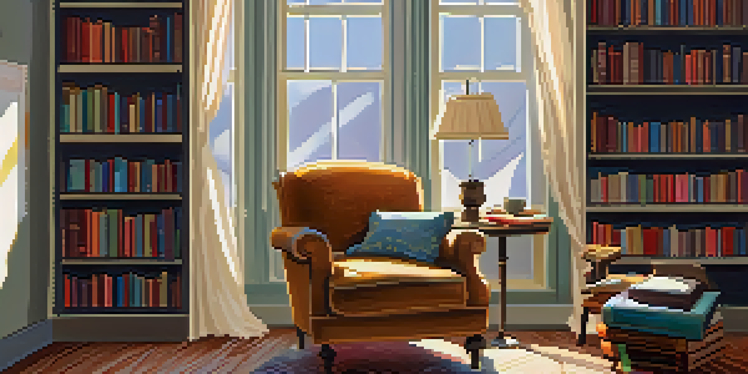 A warm reading corner with an armchair, books, and sunlight streaming through a window.