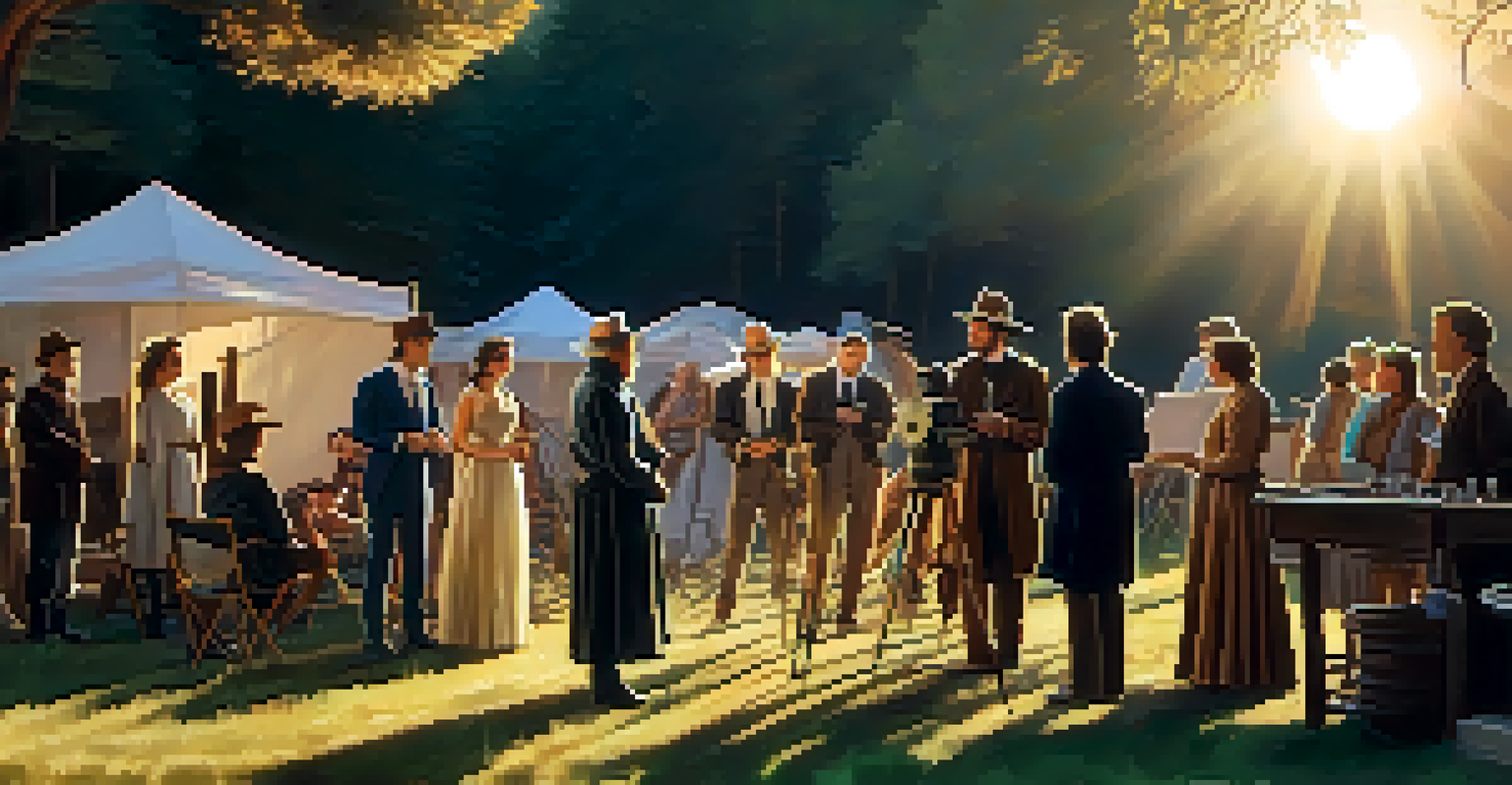 A film set at sunset with a director and actors in period costumes, showcasing the filmmaking process.