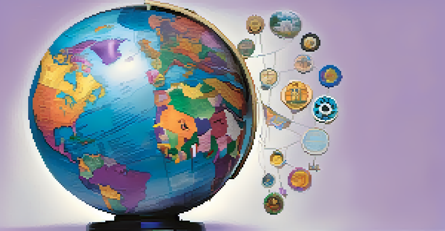 A film reel transforming into a globe, decorated with cultural symbols, against a soft blue and purple gradient background.