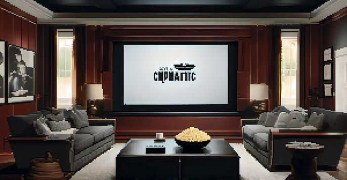 A cozy home theater with plush seating, a large screen showing a classic black-and-white film, warm lighting, and film posters on the walls.