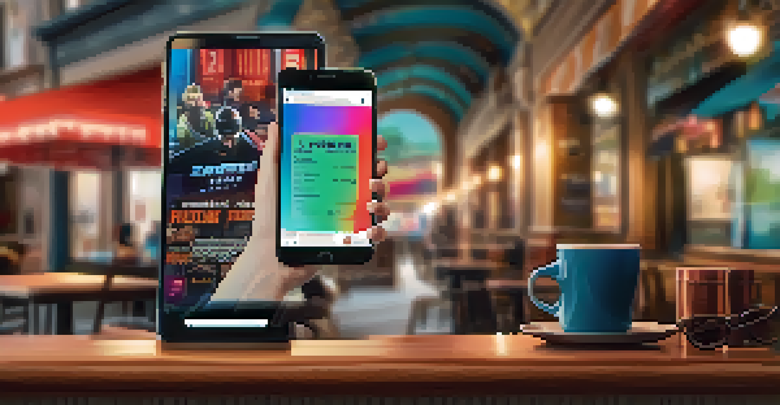 A smartphone screen showing an engaging film promotional post on social media, placed next to a cup of coffee in a café.