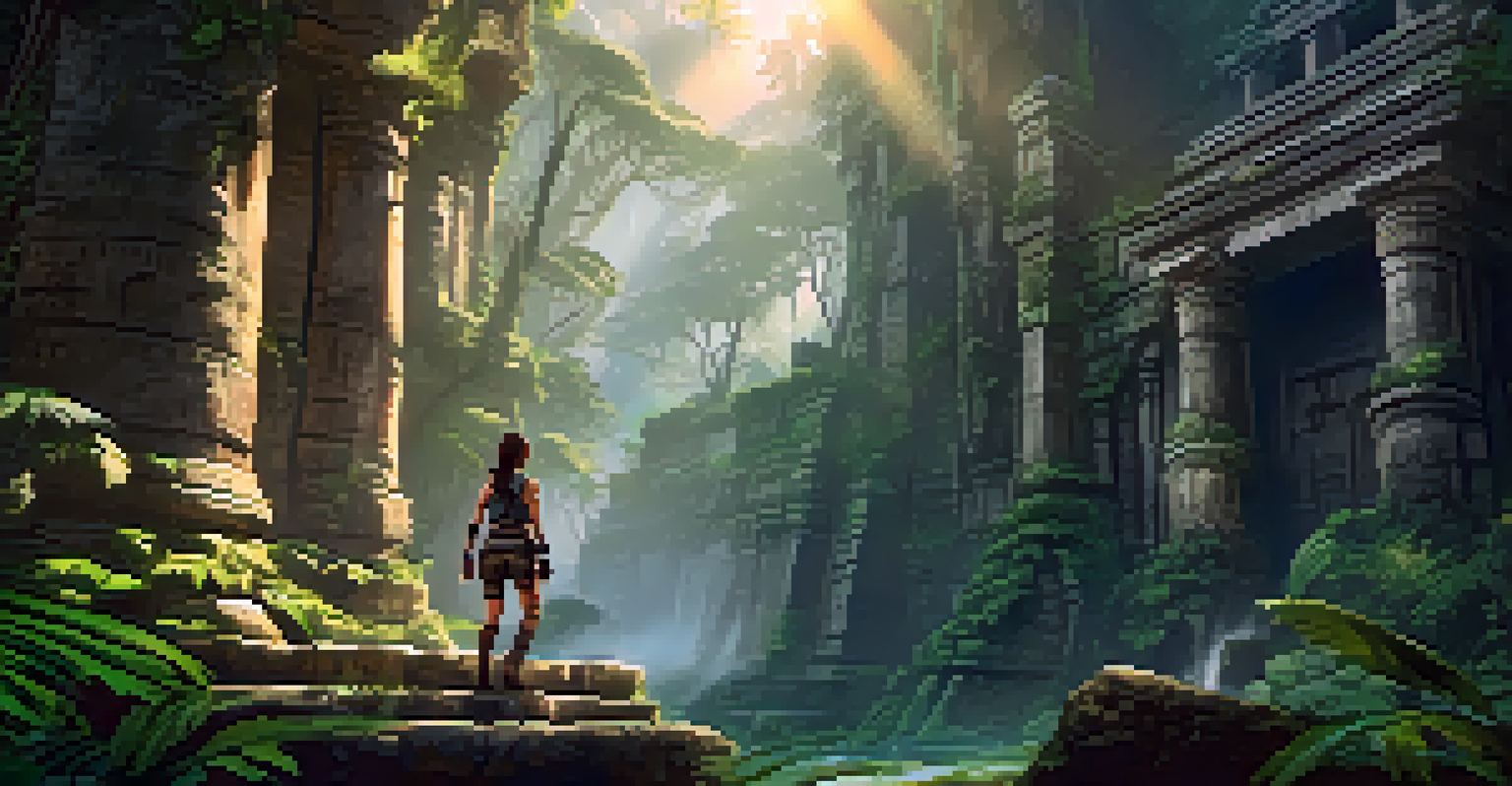 A female explorer in a jungle, surrounded by ancient ruins and lush greenery, capturing the essence of adventure.