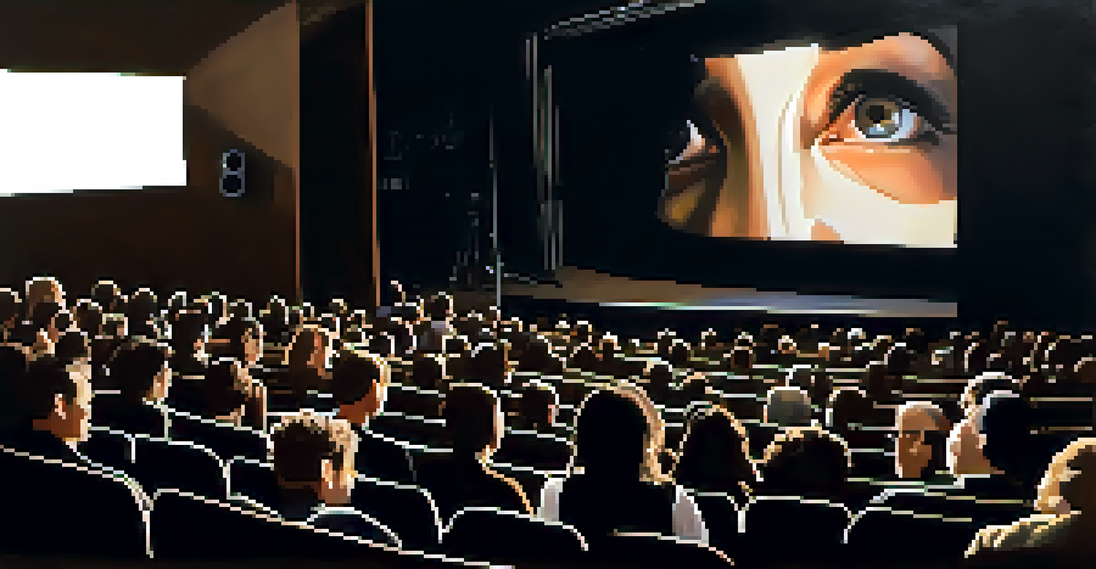 A close-up of a filmmaker observing audience reactions during a film premiere in a dimly lit theater.