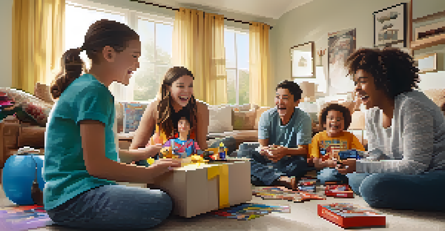 A family in a living room unboxing film merchandise, with children holding action figures and parents smiling.