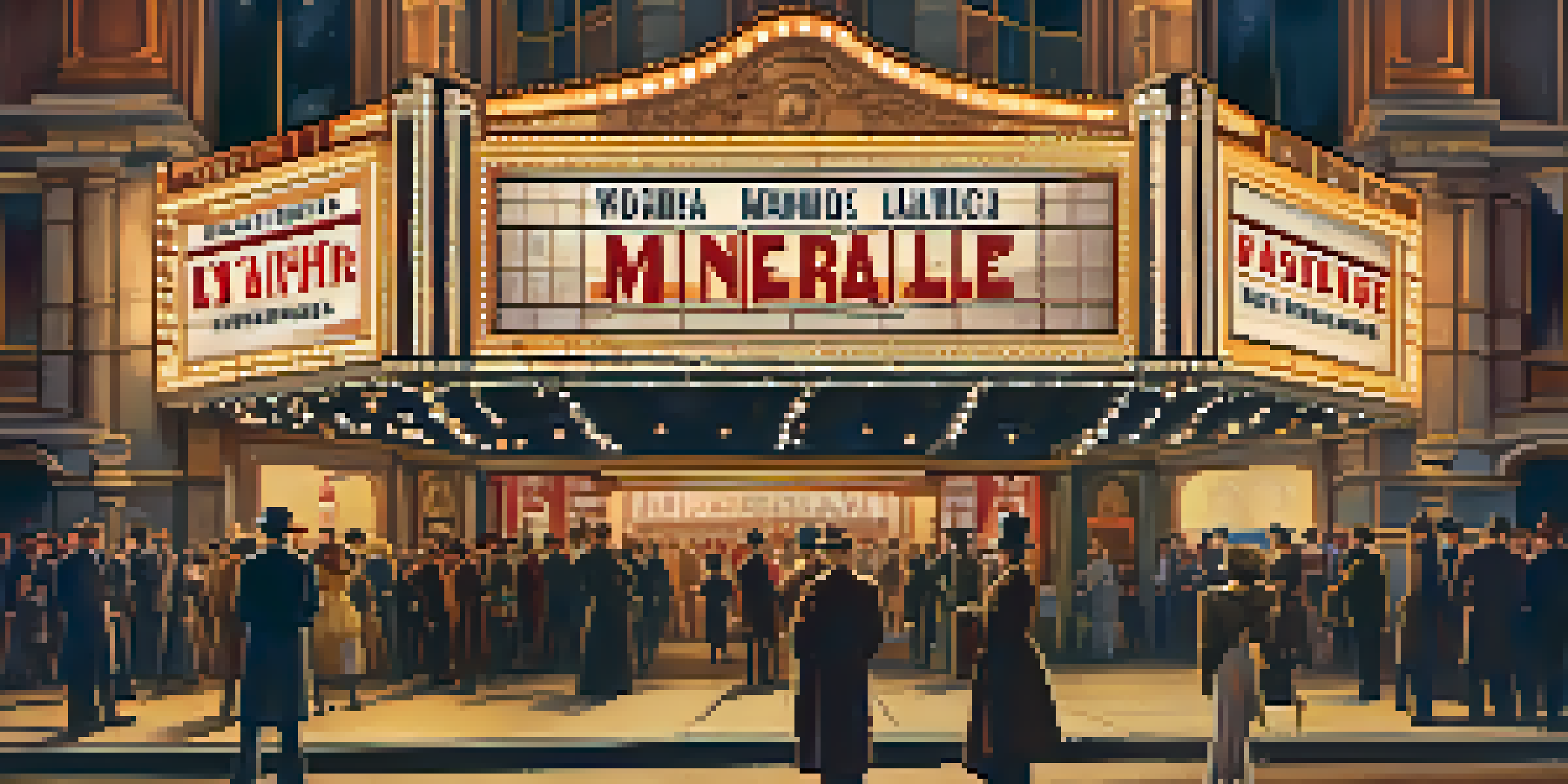 A vintage cinema with ornate architecture and a glowing marquee, filled with excited moviegoers in early 1900s clothing.