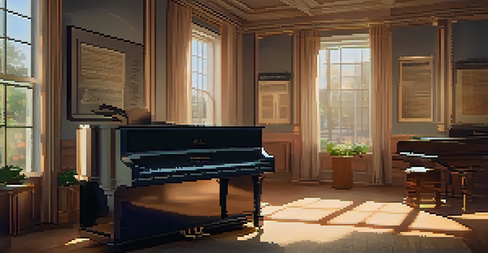 A cozy film scoring studio with a grand piano and musical sheets, illuminated by soft warm lighting.