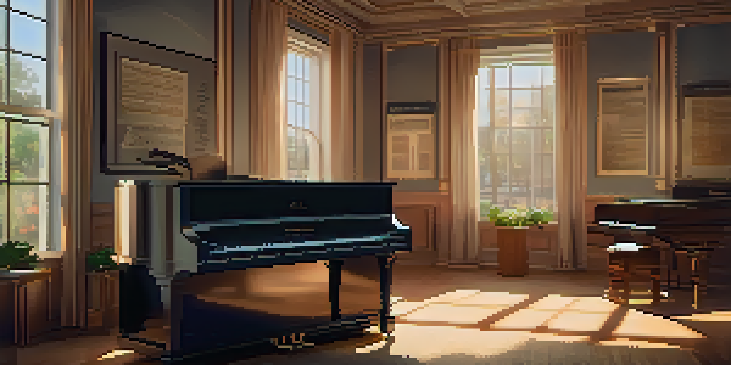 A cozy film scoring studio with a grand piano and musical sheets, illuminated by soft warm lighting.