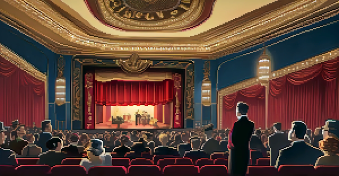 Interior of a 1920s vintage movie theater with an engaged audience watching a silent film, an orchestra in the background, and ornate decor.