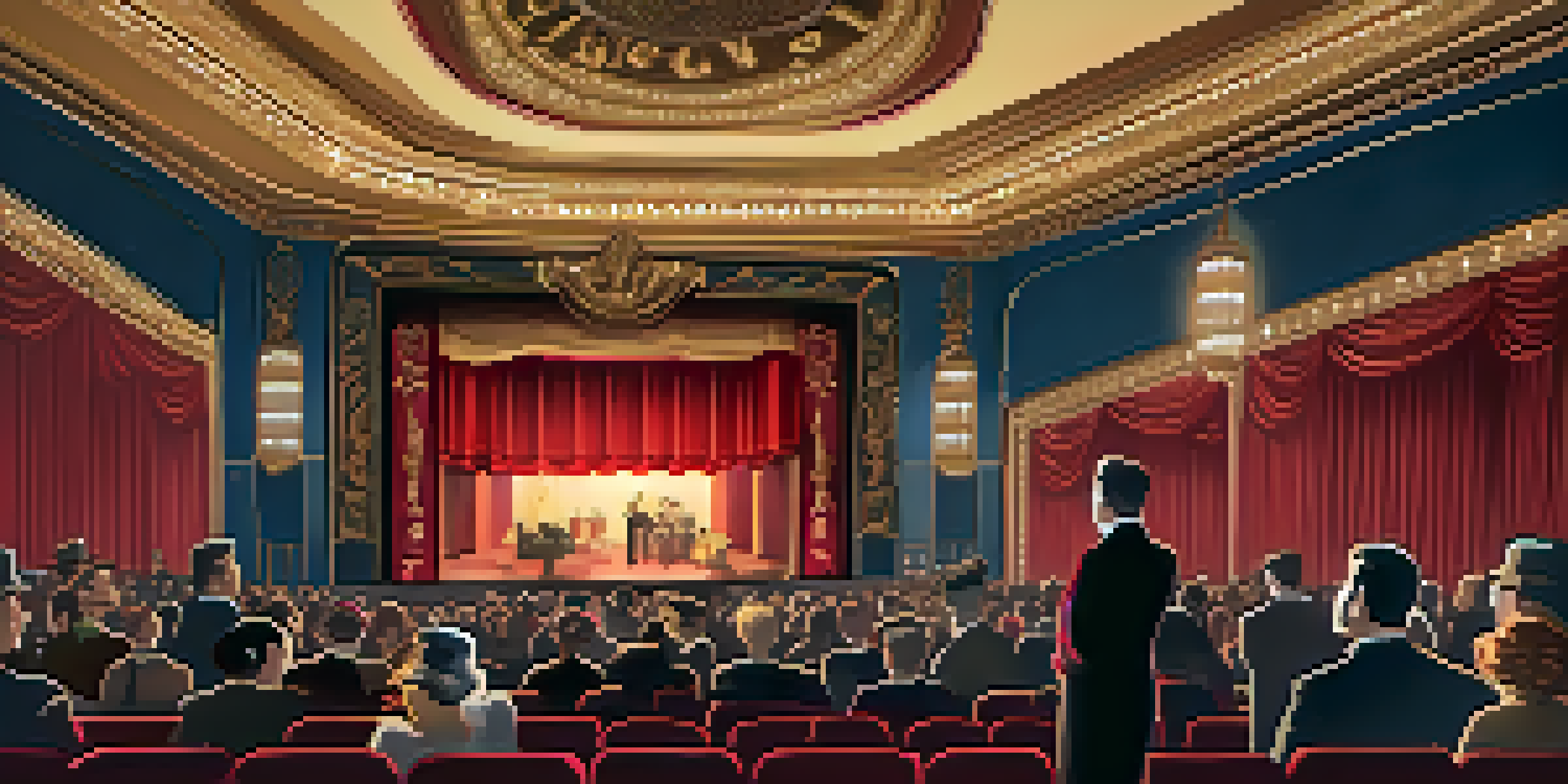 Interior of a 1920s vintage movie theater with an engaged audience watching a silent film, an orchestra in the background, and ornate decor.
