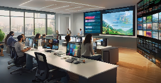 A lively film distribution office with professionals discussing market research and audience demographics, surrounded by colorful movie posters and bright natural light.