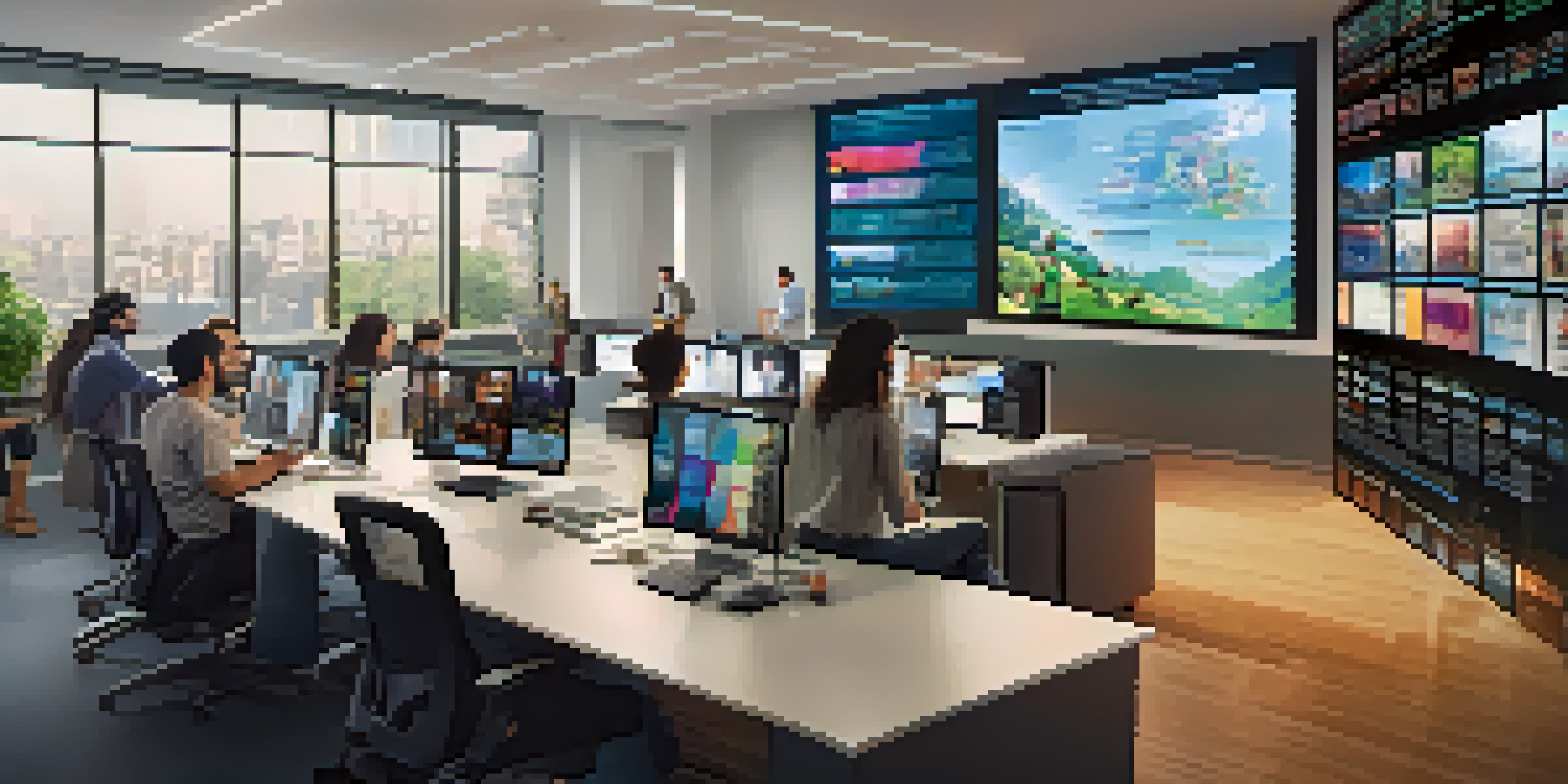 A lively film distribution office with professionals discussing market research and audience demographics, surrounded by colorful movie posters and bright natural light.