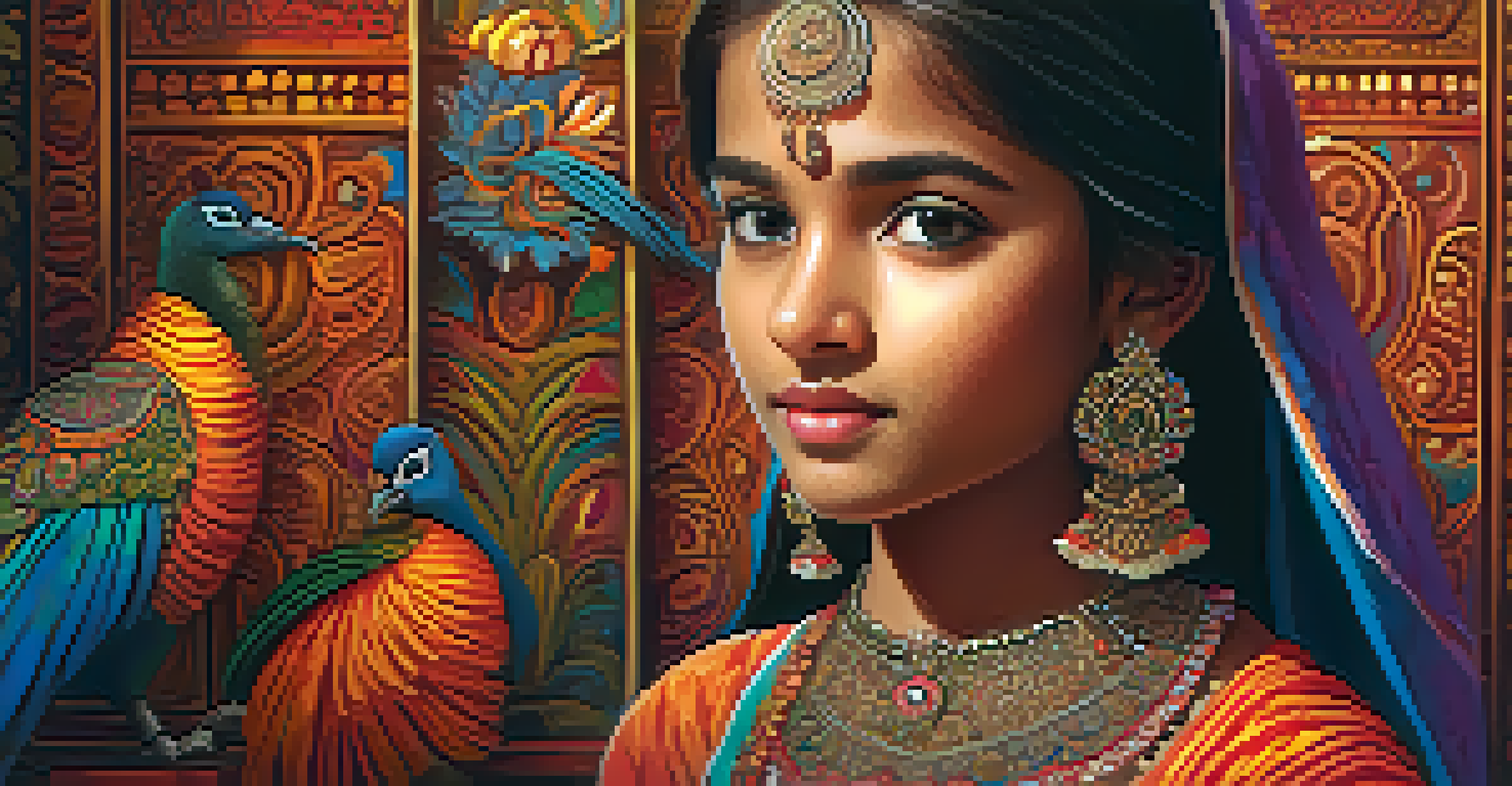 A young girl in colorful traditional Indian attire with peacocks and mandala patterns in the background, representing Indian animation style.