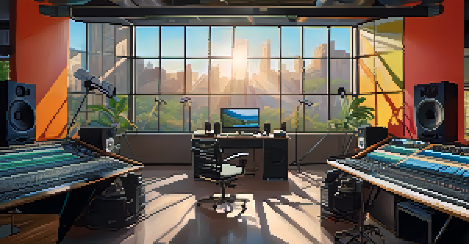 A modern film studio with a director and sound engineer collaborating, surrounded by advanced sound recording equipment.