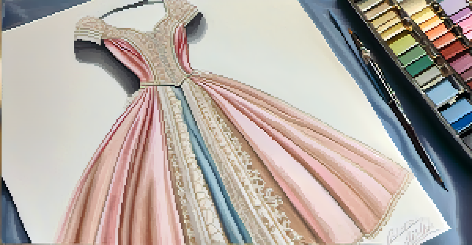 A close-up view of a vintage costume design sketch featuring a luxurious 1930s gown with intricate details and fabric swatches.