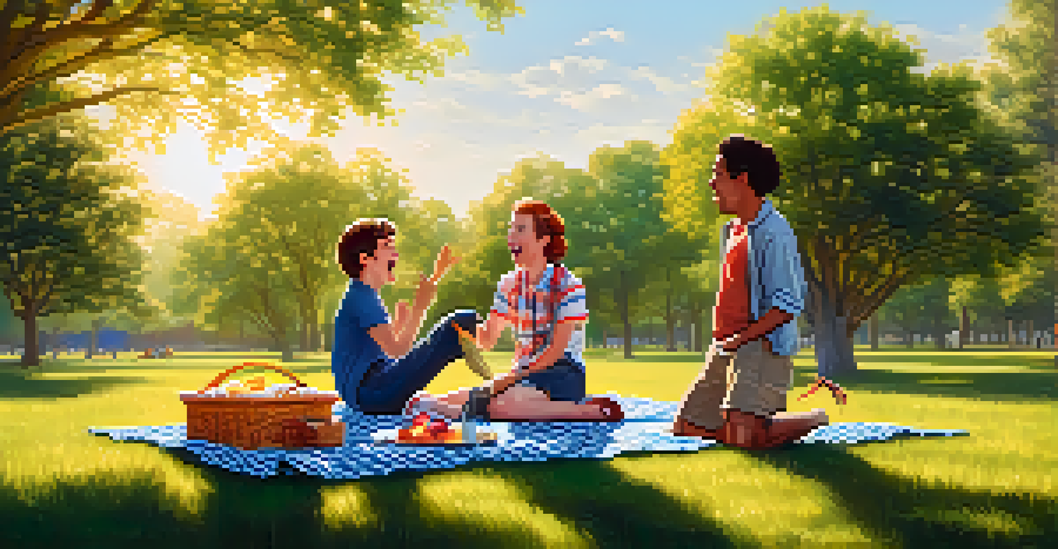 A sunny park scene with two characters playfully arguing during a picnic, showcasing humor and friendship in a vibrant outdoor setting.