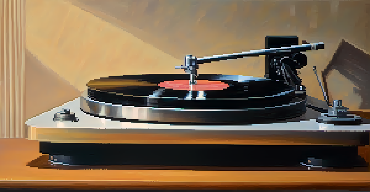 A close-up view of a vintage vinyl record on a turntable, illuminated by soft ambient light.