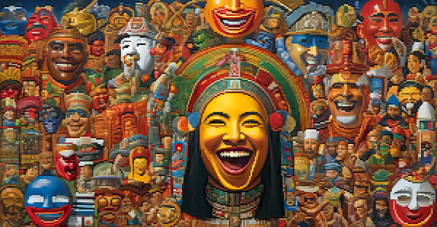 An artistic display of cultural symbols surrounding a central laughing figure, highlighting the diversity of humor across different cultures with a colorful backdrop.