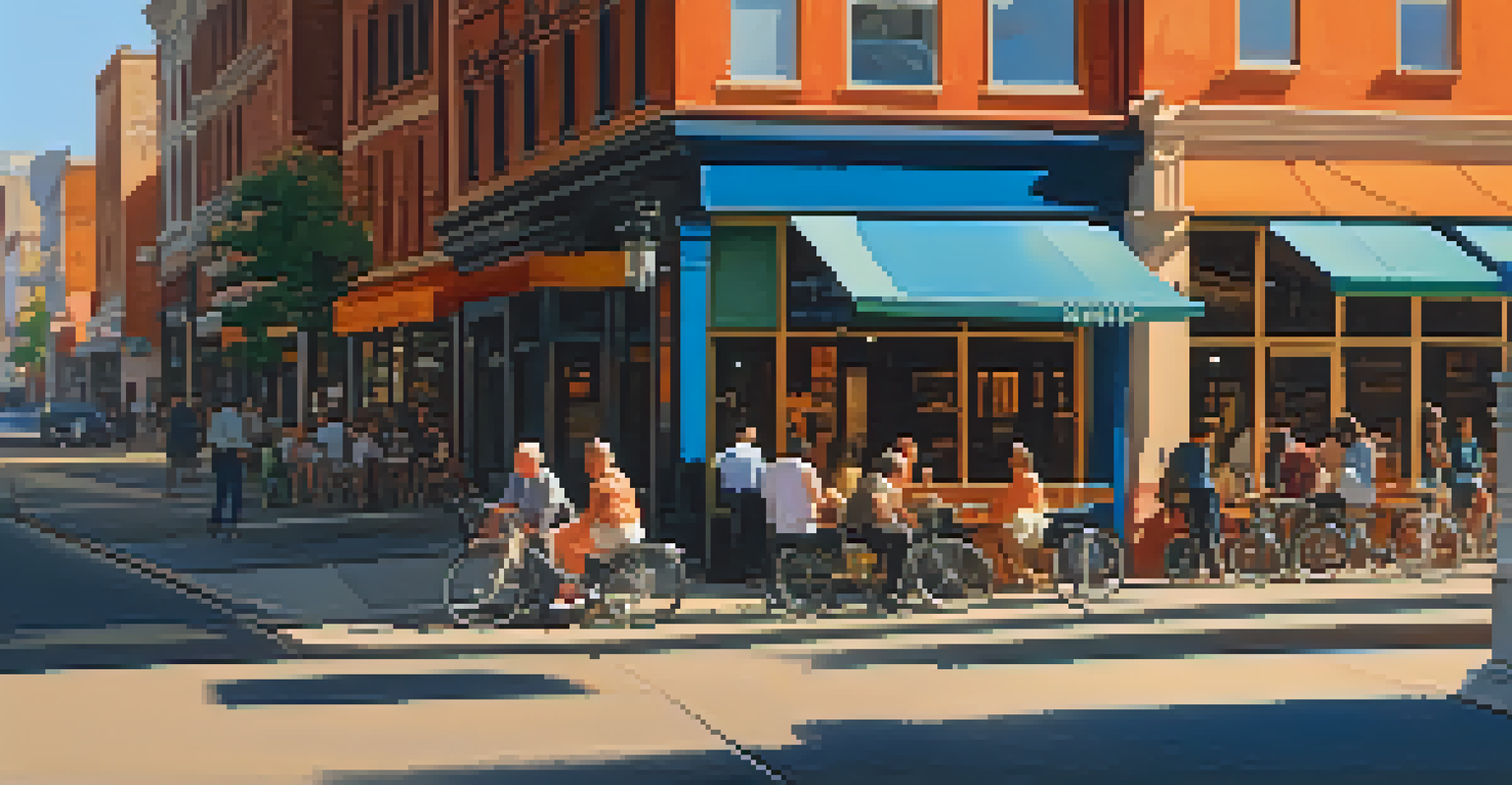 A lively urban street scene during golden hour, featuring people walking, outdoor cafes, and colorful storefronts.