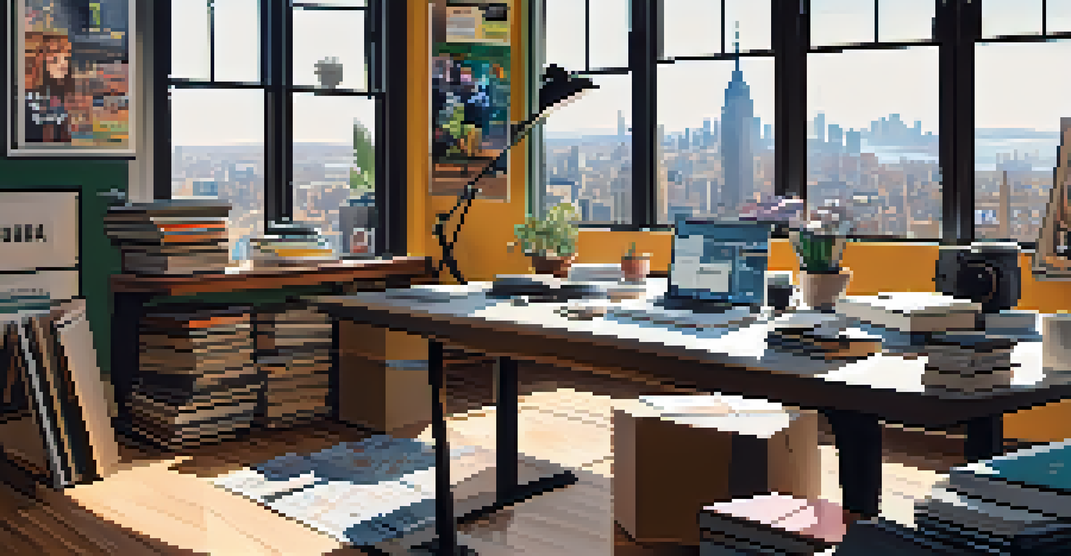 A creative workspace of a female screenwriter with a desk full of notebooks and film posters in the background.