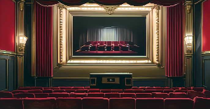 A vintage cinema interior featuring red velvet seats and a film projector in a dimly lit setting.