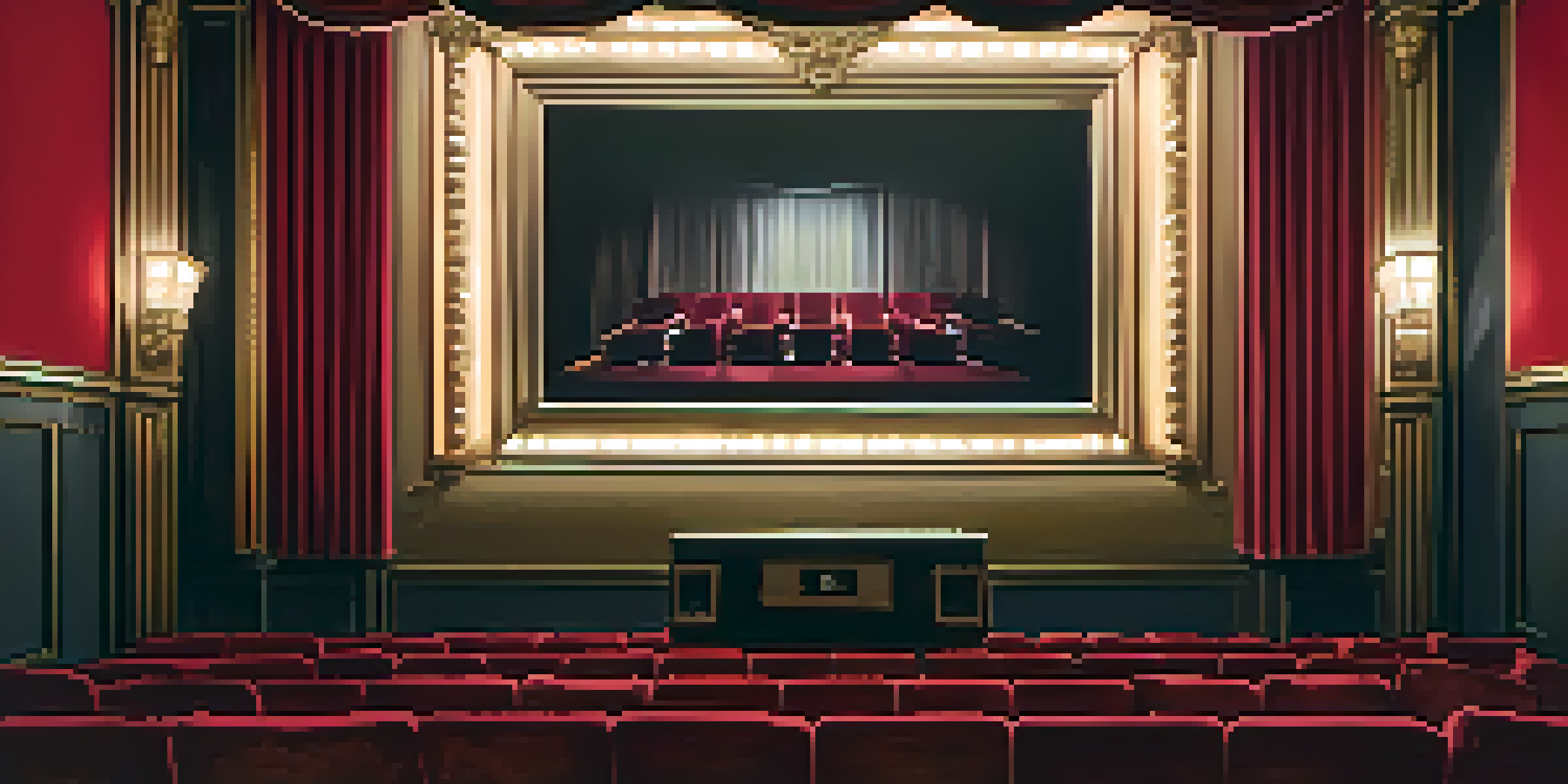 A vintage cinema interior featuring red velvet seats and a film projector in a dimly lit setting.
