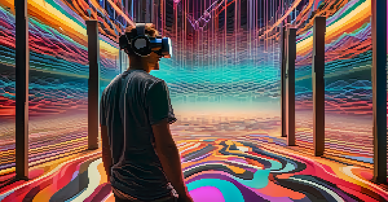 A user in a virtual reality sound design environment with floating sound waves.