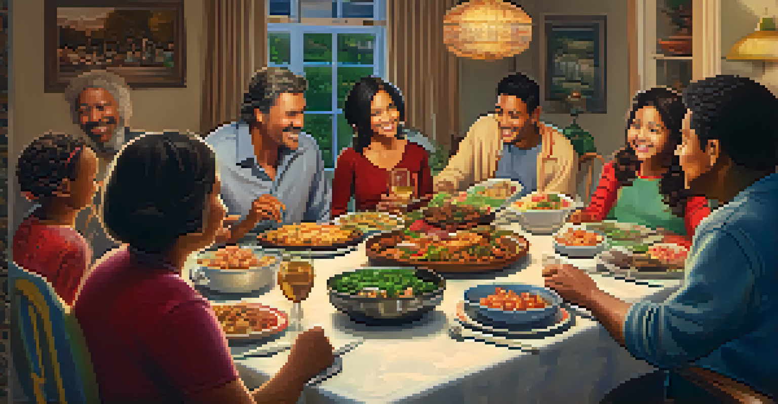A diverse family gathered around a table filled with cultural dishes, sharing joyful moments and stories in a warm, inviting atmosphere.