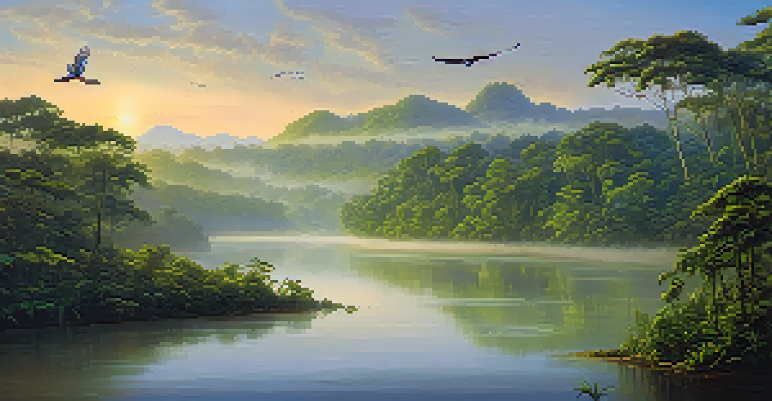 A tranquil sunrise over the Amazon rainforest with mist and a winding river.