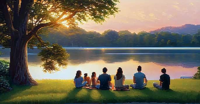 A group of friends sitting by a serene lake at sunset, sharing stories and laughter in a peaceful setting.