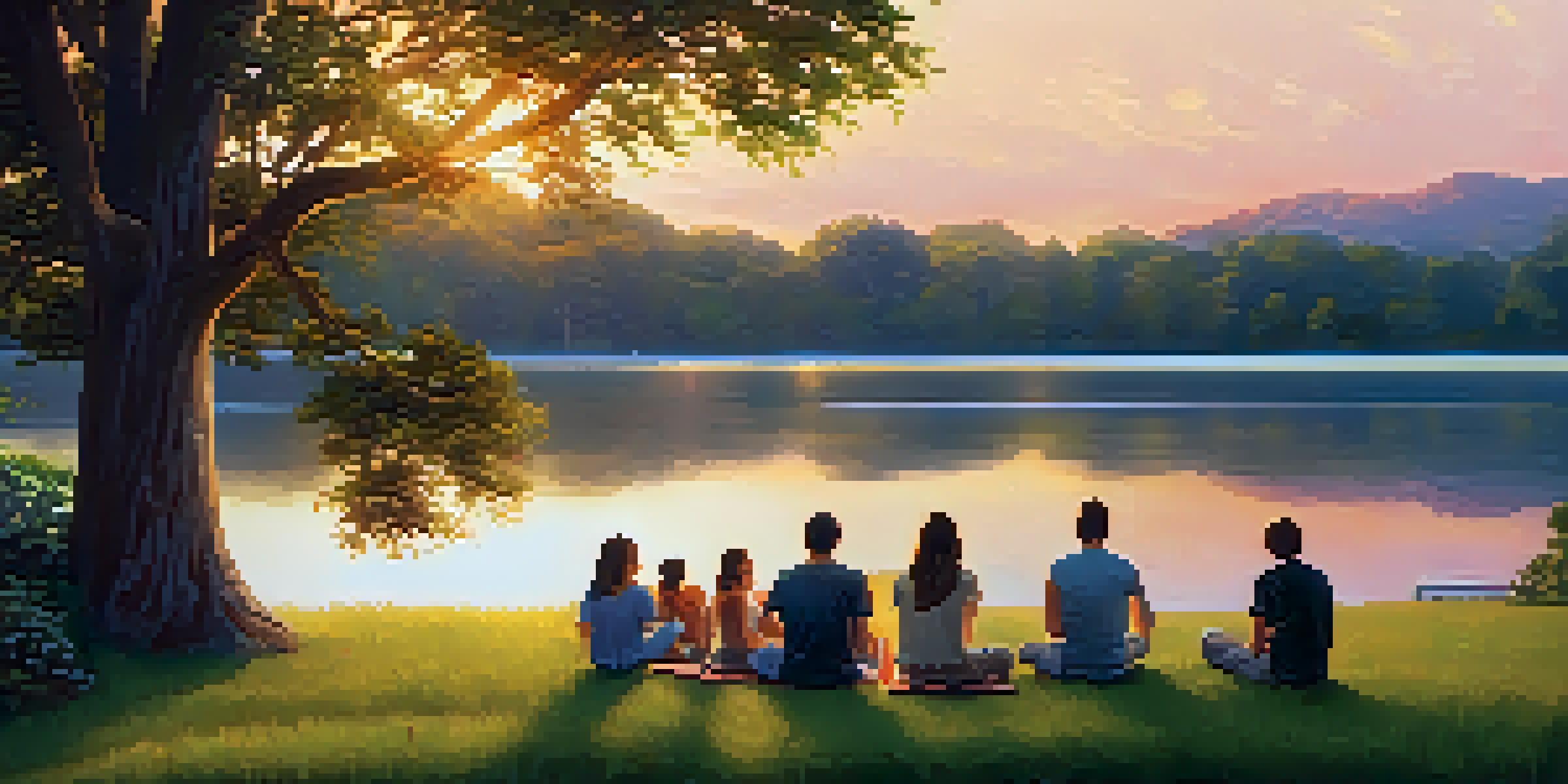 A group of friends sitting by a serene lake at sunset, sharing stories and laughter in a peaceful setting.