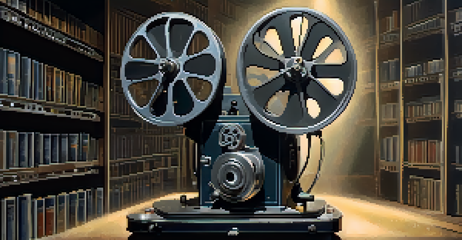A close-up of an old film reel and projector in an archival room, with dust particles visible in the light.
