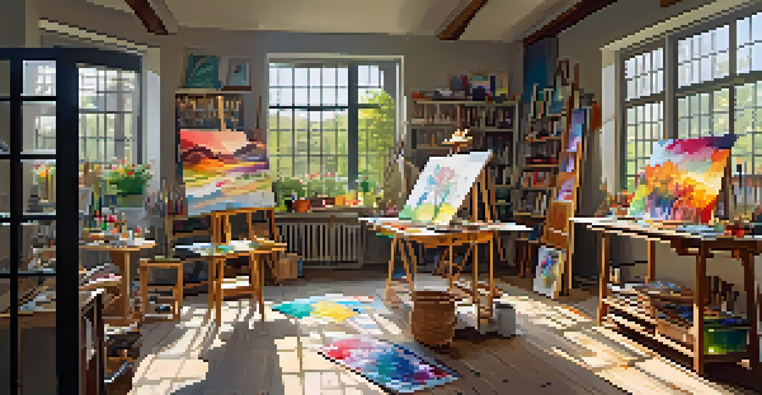 An artist's studio with colorful canvases, brushes, sunlight, paint splatters, an easel, and art supplies.