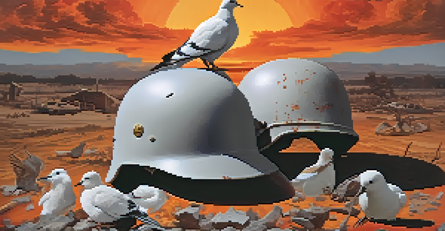 A cracked battlefield with military helmets and a white dove, symbolizing hope against a fiery sunset backdrop.
