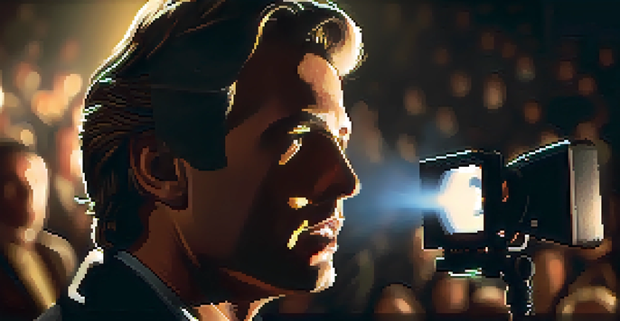 A close-up of a film director in a dim theater, illuminated by projector light, engaged in conversation with the crew.