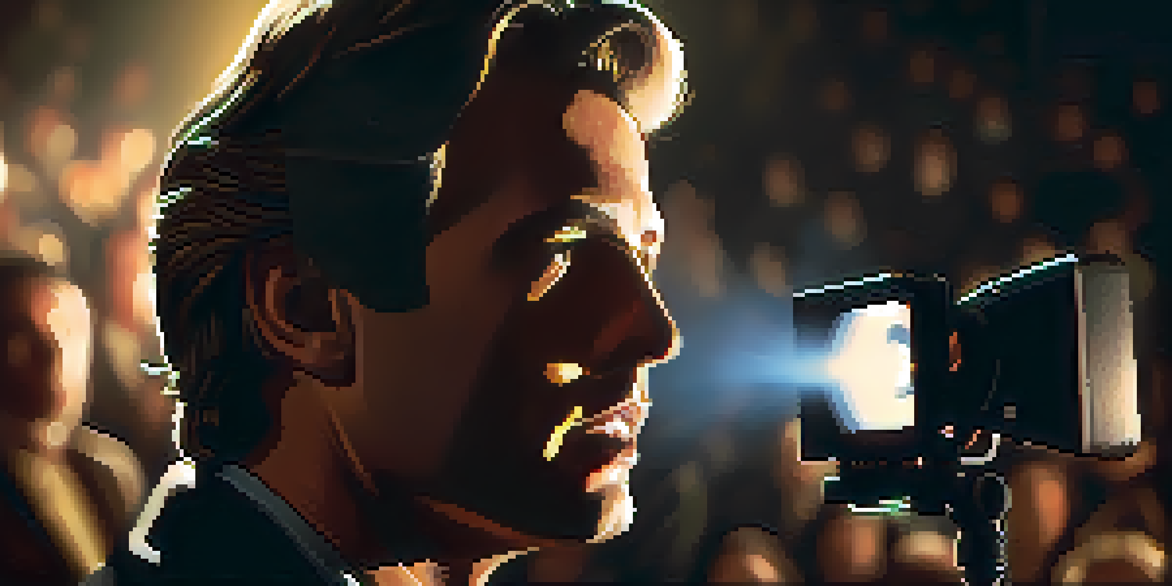 A close-up of a film director in a dim theater, illuminated by projector light, engaged in conversation with the crew.