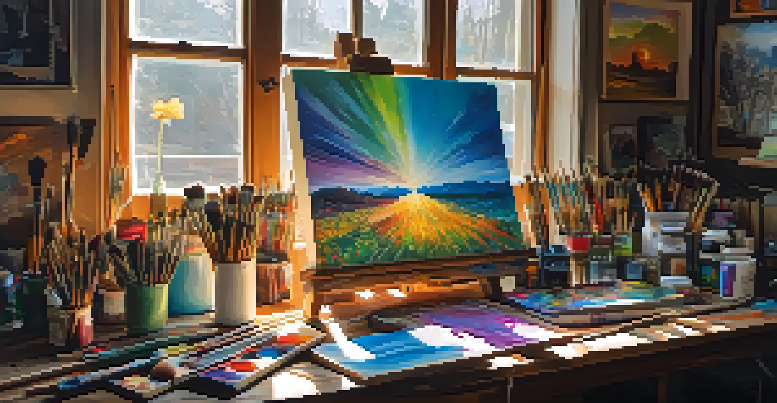 An artist's workspace with a canvas, colorful paints, and brushes, illuminated by sunlight.