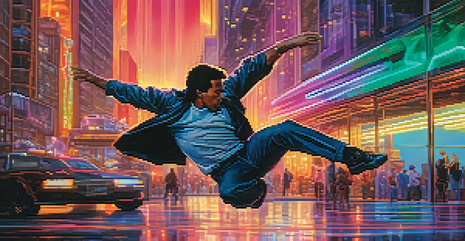 An American action hero performing acrobatics in a vibrant urban environment with skyscrapers and neon lights.