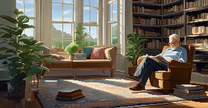 An elderly man reads in an armchair while a young girl draws on the floor in a sunlit living room filled with books and plants.
