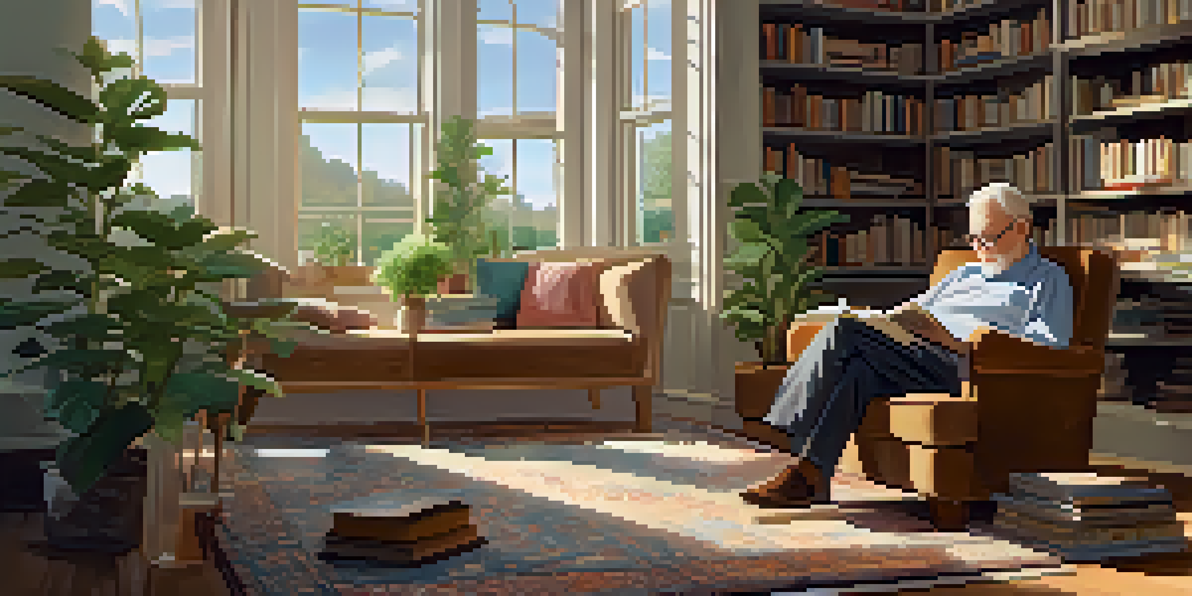 An elderly man reads in an armchair while a young girl draws on the floor in a sunlit living room filled with books and plants.