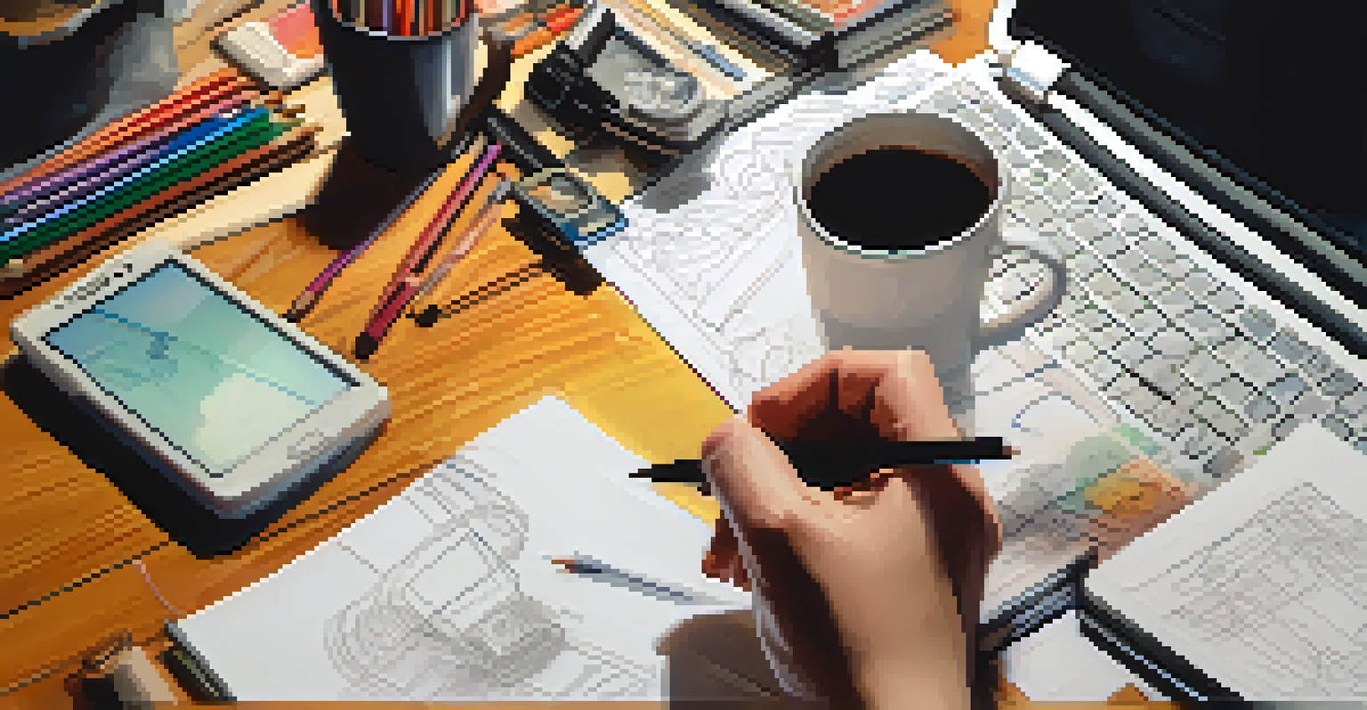 A close-up of a filmmaker's hands sketching on a notepad with tools like colored pencils and a laptop in a warm-lighted setting.