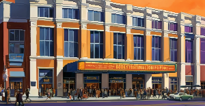 A vibrant crowd outside a historic theater at the Seattle International Film Festival with colorful banners and a sunset sky.