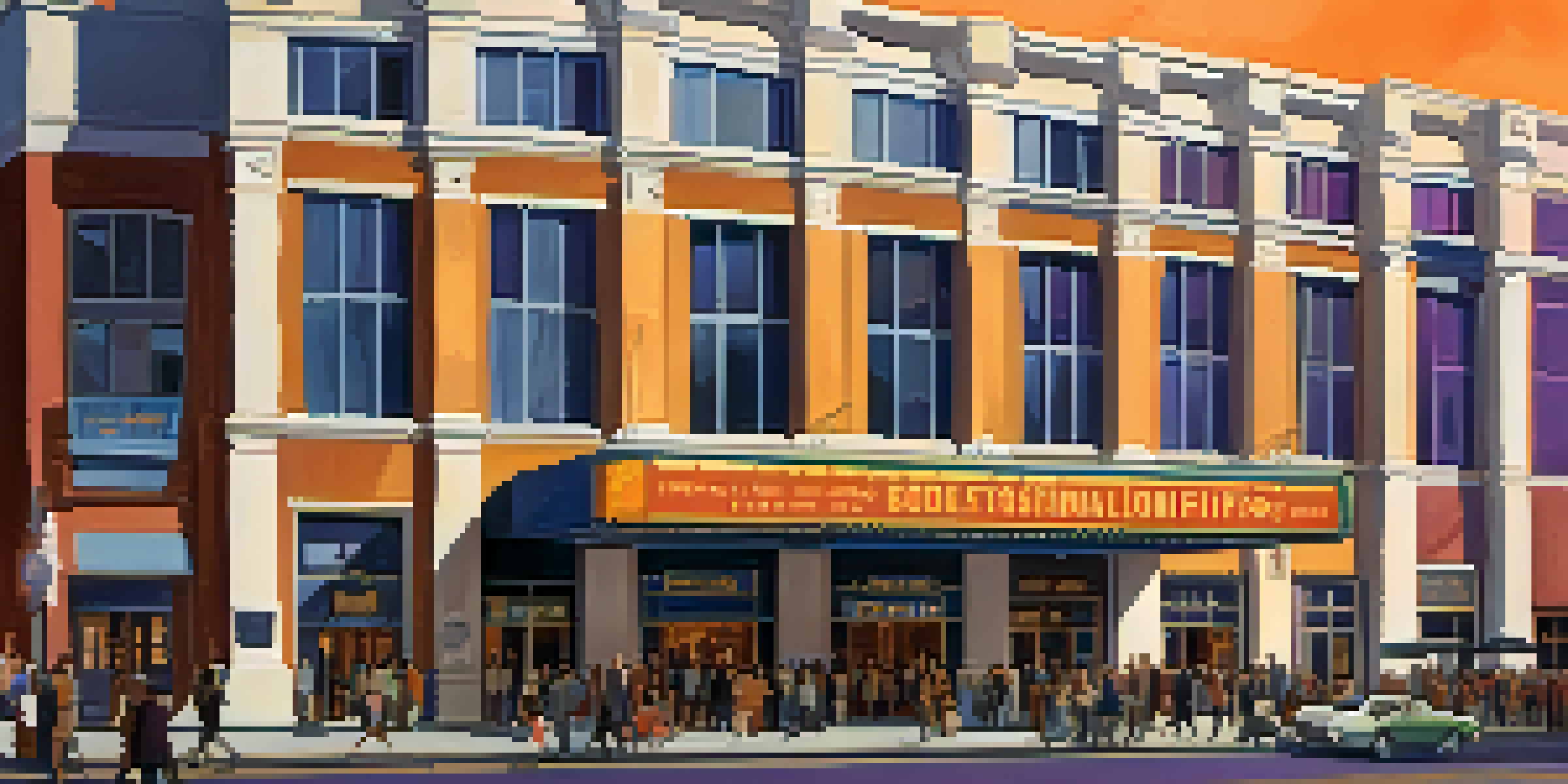 A vibrant crowd outside a historic theater at the Seattle International Film Festival with colorful banners and a sunset sky.
